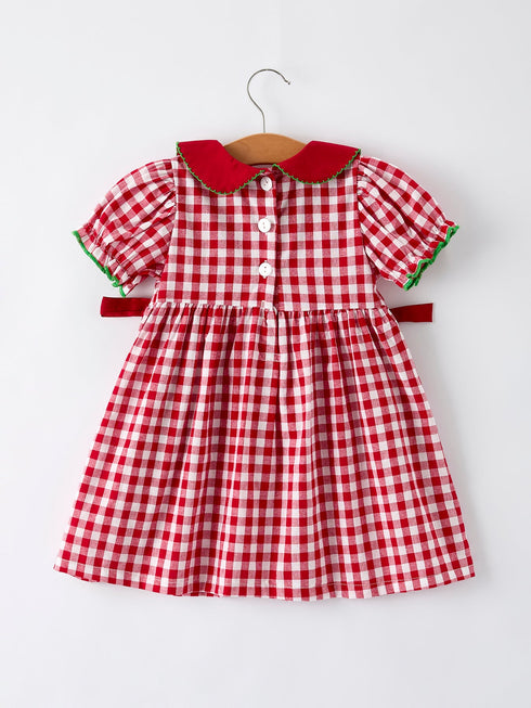 Girls Christmas Outfit – Red Plaid Dress with Tree Bow Accents